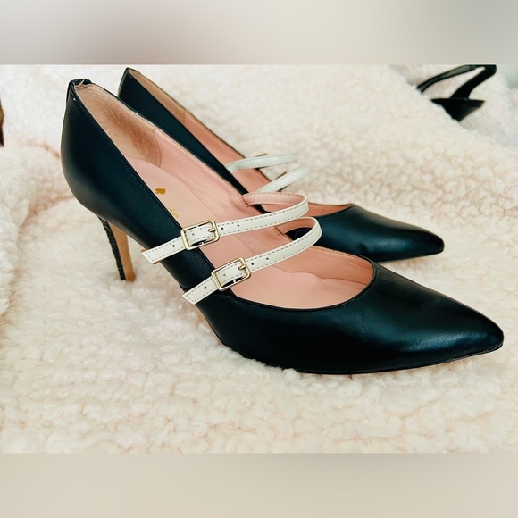 🎉HP🥳 Kate Spade Elpetha Heels in Black w/ Black Sparkle Heel & Cream Dbl Strap - Picture 2 of 16